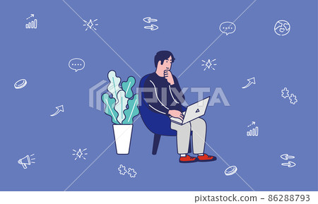 一個男人和一個商業偶像用輕鬆的手勢做電腦的插圖 一個男人和一個商業偶像用輕鬆的手勢做電腦的插圖 86288793