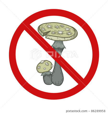 Prohibition sign with sketch of fly agaric with hatching. Do not pick poisonous mushroom. Danger of being poisoned. Prohibition sign with sketch of fly agaric with hatching. Do not pick poisonous mushroom. Danger of being poisoned. 86289958