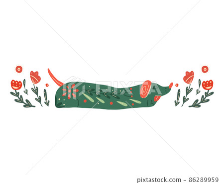 Vector postcard with a dog and a floral pattern. Stylized dachshund with folk art. Clipart with stylized purebred puppy and boho decoration. 86289959