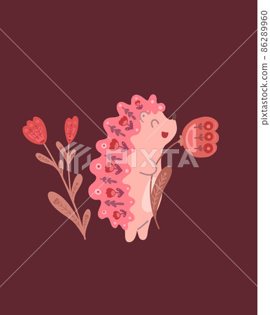 Cute hedgehog with folk art with flower bouquet. Vector tender illustration for posters and cards. Delicate image with animal 86289960