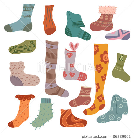 Vector set of flat hand drawn warm socks. Collection of knitted clothes with decoration for stickers. Stockings and golfs. Vector set of flat hand drawn warm socks. Collection of knitted clothes with decoration for stickers. Stockings and golfs. 86289961