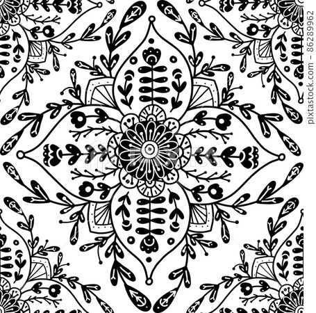 Vector monochrome floral pattern with folk ornament. Seamless texture with black rural contour flower composition on white background. Vector monochrome floral pattern with folk ornament. Seamless texture with black rural contour flower composition on white background. 86289962