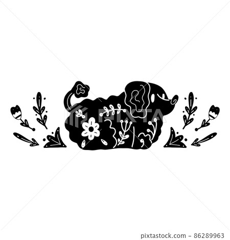 Vector monochrome postcard with a dog and a floral pattern. Stylized silhouette of poodle with folk art. Clipart with black stylized purebred puppy Vector monochrome postcard with a dog and a floral pattern. Stylized silhouette of poodle with folk art. Clipart with black stylized purebred puppy 86289963