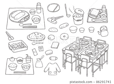 Hand-drawn illustration set related to school lunch (monochrome) 86291741