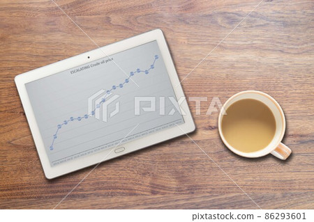 Tablets and coffee cups showing soaring prices of crude oil 86293601