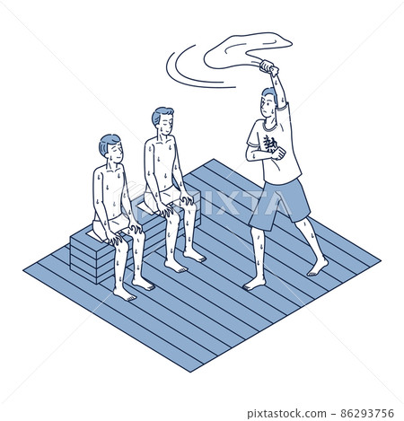 Isometric illustration of a male heat wave teacher looking up at the sauna room with a towel 86293756