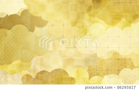 一種現代日本背景材料，金色和金箔上有云彩的輪廓 86293817