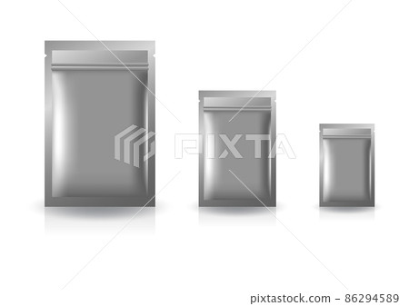Silver gray standing ziplock bag 3 sizes for food or healthy product mockup template. Realistic 3d vector illustration. Silver gray standing ziplock bag 3 sizes for food or healthy product mockup template. Realistic 3d vector illustration. 86294589