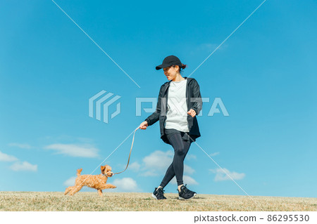 穿著運動服遛狗的女人（全身） 86295530