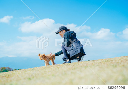 一個穿著運動服遛狗的女人(不走路) 一個穿著運動服遛狗的女人(不走路) 86296096