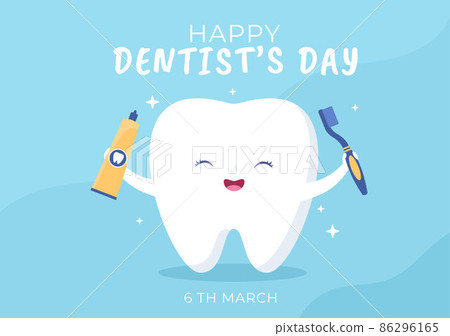 World Dentist Day with Tooth and Toothbrush to Prevent Cavities and Healthcare in Flat Cartoon Background Illustration Suitable for Poster or Banner 86296165