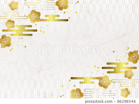 日本紙水彩風格金葉日本花雲框箭羽背景水平白色 86296548