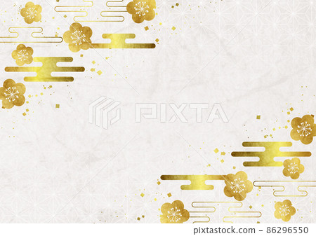 Japanese paper watercolor style gold leaf Japanese flower cloud frame hemp leaf pattern background horizontal white Japanese paper watercolor style gold leaf Japanese flower cloud frame hemp leaf pattern background horizontal white 86296550