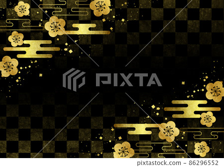 日本紙水彩風格金葉日本花雲框格子圖案背景水平黑色 86296552