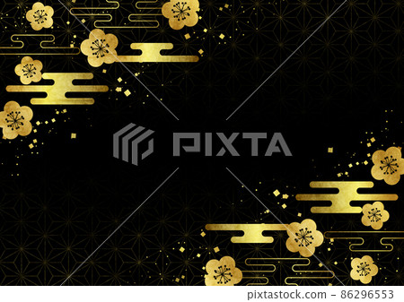 日本紙水彩風格金葉日本花雲框麻葉圖案背景水平黑色 86296553