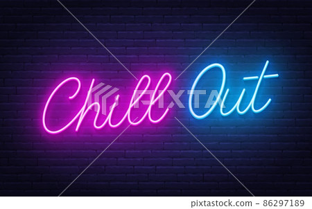 Chill Out neon lettering on brick wall background. 86297189