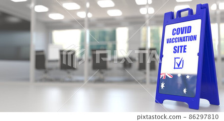 Coronavirus vaccination site signboard with flag of Australia. COVID-19 vaccination related 3D rendering 86297810