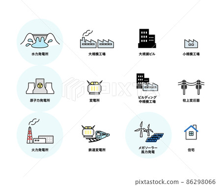 Power plant icon material / hydropower plant / nuclear power plant / thermal power plant / image diagram / simple silhouette 86298066