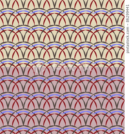 Geometrical semi circle archs seamless pattern. Ornamental ethnic surface layer in earth tones color. Hand drawn doodle line. Cream or pink easy editable color background. Vector 86299441