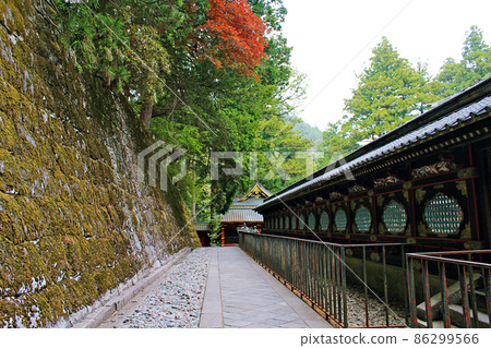 [Tochigi] Spring Nikko Mountain Taiyu-in Temple Hall with stone pavement in front of the Emperor Kamon and the wall surrounding the front shrine, Aima, and the main shrine 86299566