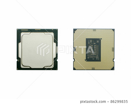 The surface on the heat sink side and the surface on the electrode side of the CPU on a white background 86299835