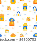 Seamless pattern with cute houses, rainbows and arcs. Children s print. Vector hand-drawn illustration in a flat cartoon style. Print on a white background, in yellow and blue colors 86300752