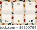 Black lists of the agenda in the style of flat doodles in vector for daily menu planning, household chores, shopping. To-do list, beige background for printing. Image of vegetables 86300764