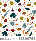 Cute vegetables seamless pattern. Background of food ingredients with onion beetroot cucumber tomato potato, carrot and many others. Organic print in cartoon flat hand-drawn style. Vector illustration 86300768