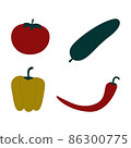 Vector set of fresh vegetables - bell pepper, chili pepper, cucumber, tomato. Illustration in a flat cartoon style isolated on a white background. 86300775