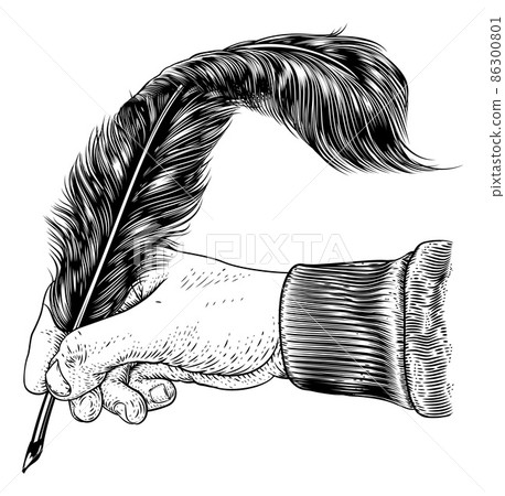 Quill Feather Ink Pen Hand Vintage Woodcut Print Quill Feather Ink Pen Hand Vintage Woodcut Print 86300801