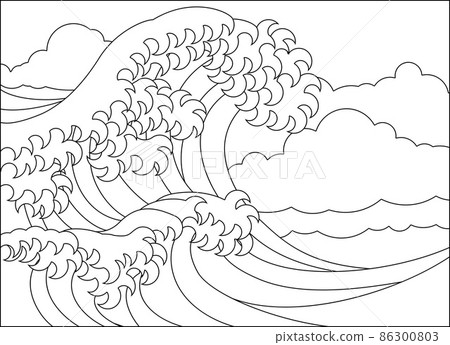 A Japanese Great Wave Outline Coloring Book Page A Japanese Great Wave Outline Coloring Book Page 86300803