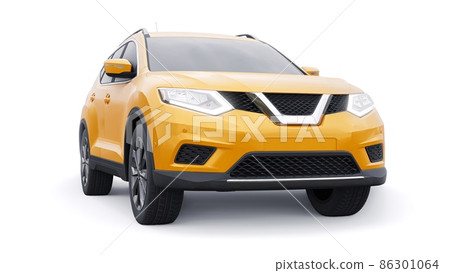 Yellow Mid-size family urban SUV car on white background. 3D illustration. 86301064
