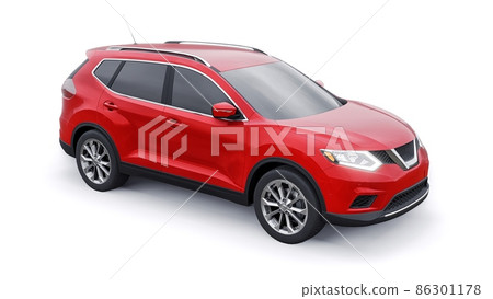 Red Mid-size family urban SUV car on white background. 3D illustration. Red Mid-size family urban SUV car on white background. 3D illustration. 86301178