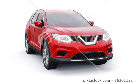 Red Mid-size family urban SUV car on white background. 3D illustration. 86301182