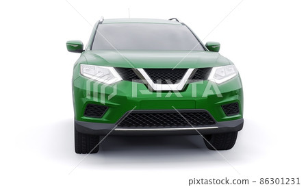 Green Mid-size family urban SUV car on white background. 3D illustration. 86301231