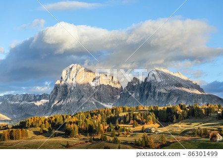 Iconic view of Seiser Alm (Alpe di Siusi) with Sassolungo and Sassopiatto mountains. South Tyrol, Italy. Iconic view of Seiser Alm (Alpe di Siusi) with Sassolungo and Sassopiatto mountains. South Tyrol, Italy. 86301499