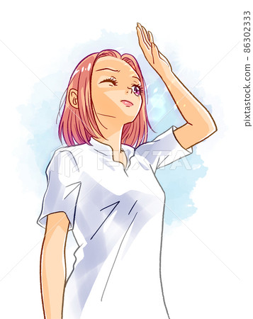 Illustration of a young woman holding her palm over to avoid the bright sunlight of summer. Waist shot 86302333