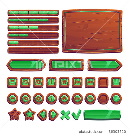 Buttons from wooden boards with green for ui game Buttons from wooden boards with green for ui game 86303520