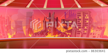 City ruins with fire outside panoramic window City ruins with fire outside panoramic window 86303641