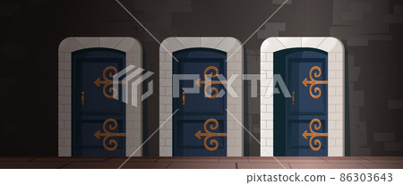 Medieval wooden doors in stone arch in castle Medieval wooden doors in stone arch in castle 86303643
