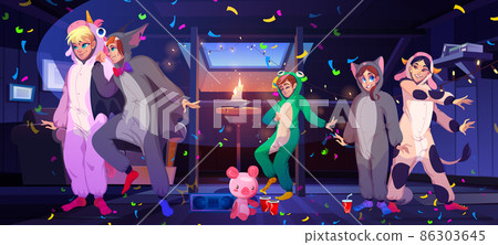 People dance on pajama party on house attic 86303645