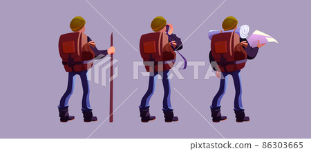 Hiker with backpack rear view traveler cartoon man 86303665