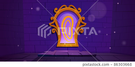 Magic mirror in golden frame on stone wall Magic mirror in golden frame on stone wall 86303668