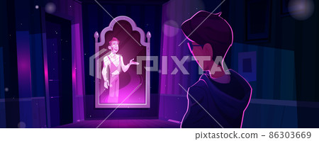 Man in haunted house with ghost appear in mirror Man in haunted house with ghost appear in mirror 86303669