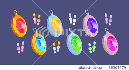 Cartoon jewelry, set of gold and silver pendants 86303679