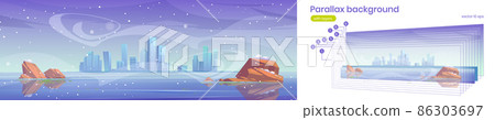 Parallax background winter city skyline frozen bay 86303697
