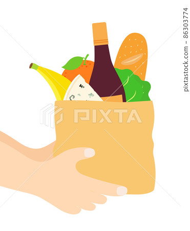hands holding paper bag with fresh food products 86303774