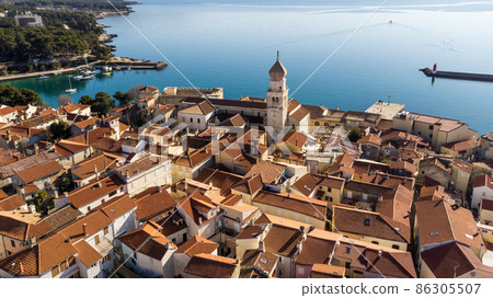 Aerial view of historic Adriatic town of Krk , Island of Krk, Kvarner bay of Adriatic sea, Croatia, Europe Aerial view of historic Adriatic town of Krk , Island of Krk, Kvarner bay of Adriatic sea, Croatia, Europe 86305507