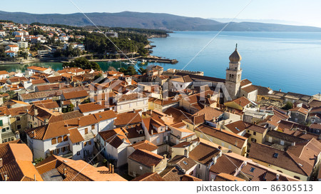 Aerial view of historic Adriatic town of Krk , Island of Krk, Kvarner bay of Adriatic sea, Croatia, Europe Aerial view of historic Adriatic town of Krk , Island of Krk, Kvarner bay of Adriatic sea, Croatia, Europe 86305513