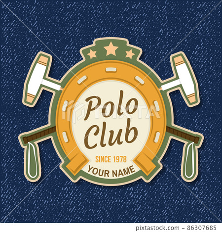 Polo club sport badge, patch, emblem, logo. Vector illustration. Vintage equestrian label, sticker with horseshoe and polo mallet silhouettes. Polo club competition riding sport. 86307685